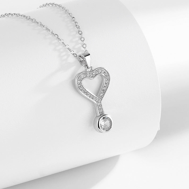 S925 Diamond Heart Set Key Pendant Silver Necklace Women's