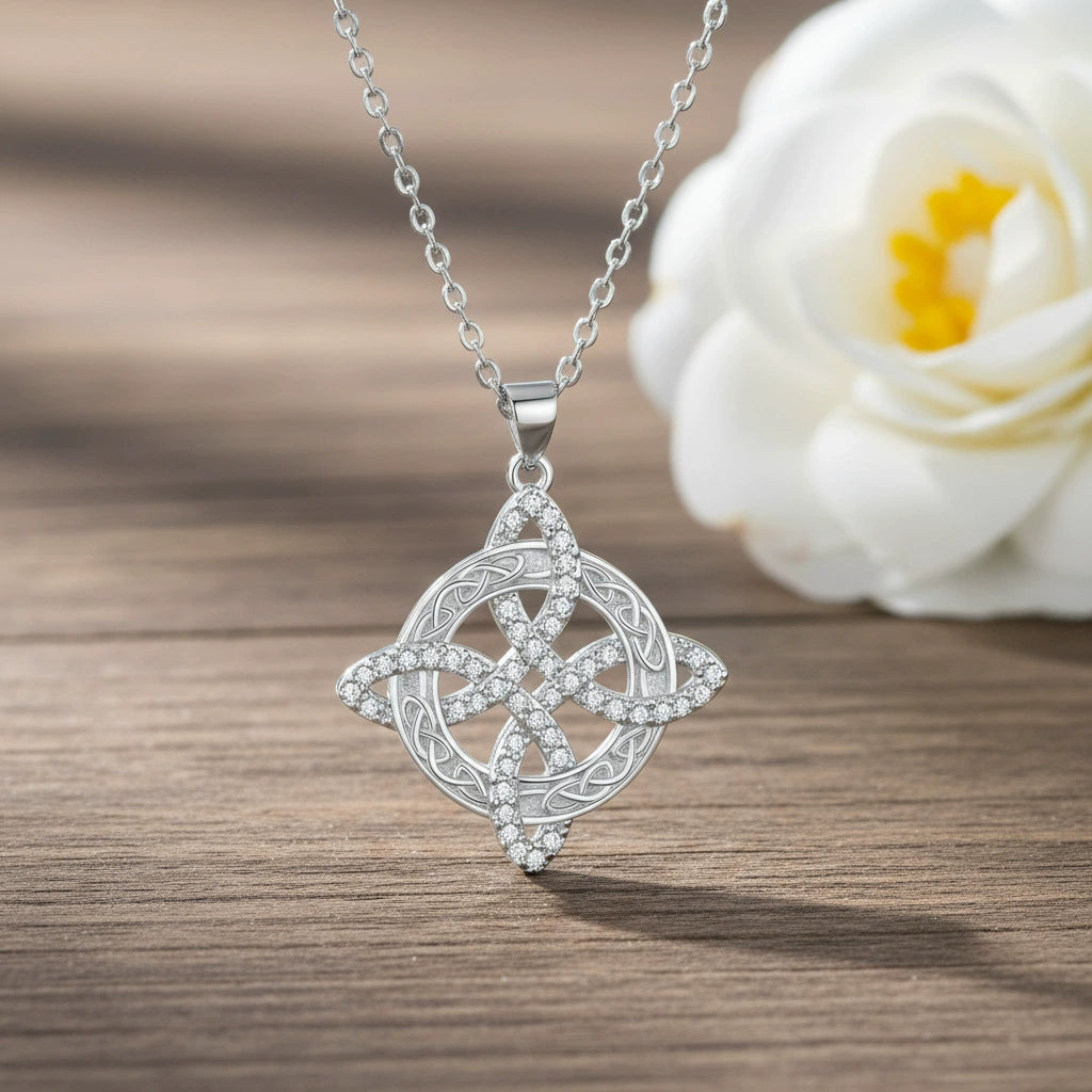 Celtic Knot CZ Diamond Pendant Necklace - Silver