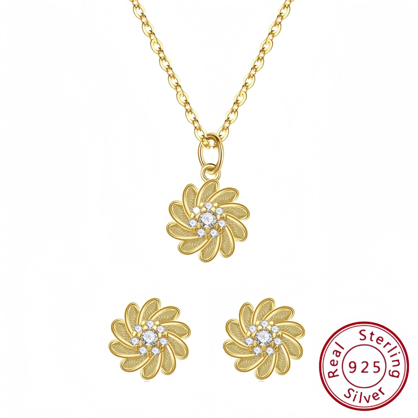 Sterling Silver Sunflower Necklace Set - with Matching Earrings