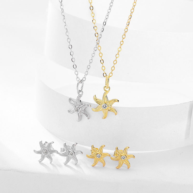S925 Sterling Silver Starfish Jewelry Set - Earrings and Clavicle Necklace