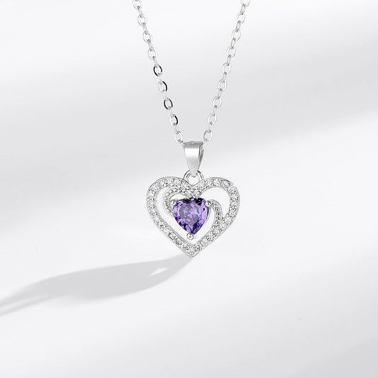 S925 Purple Heart Pendant Silver Necklace with Diamond