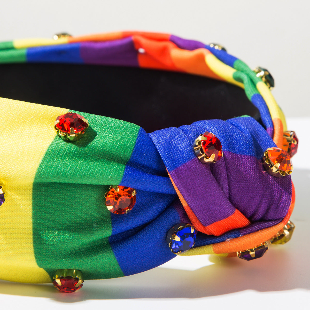 Fashionable Fabric Rhinestone-Encrusted Rainbow Striped Hairband