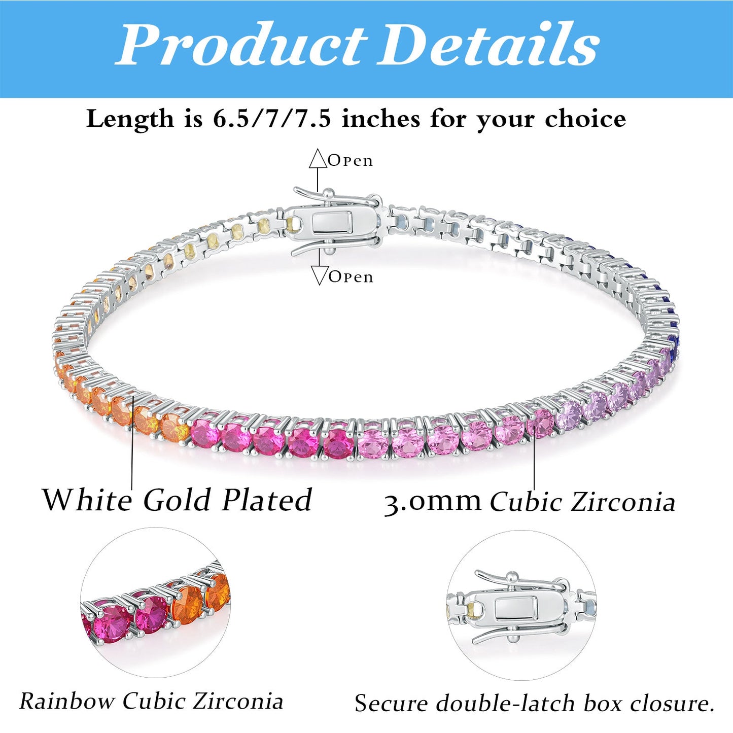 3mm Color Gradient Zirconia Tennis Bracelet, Unisex