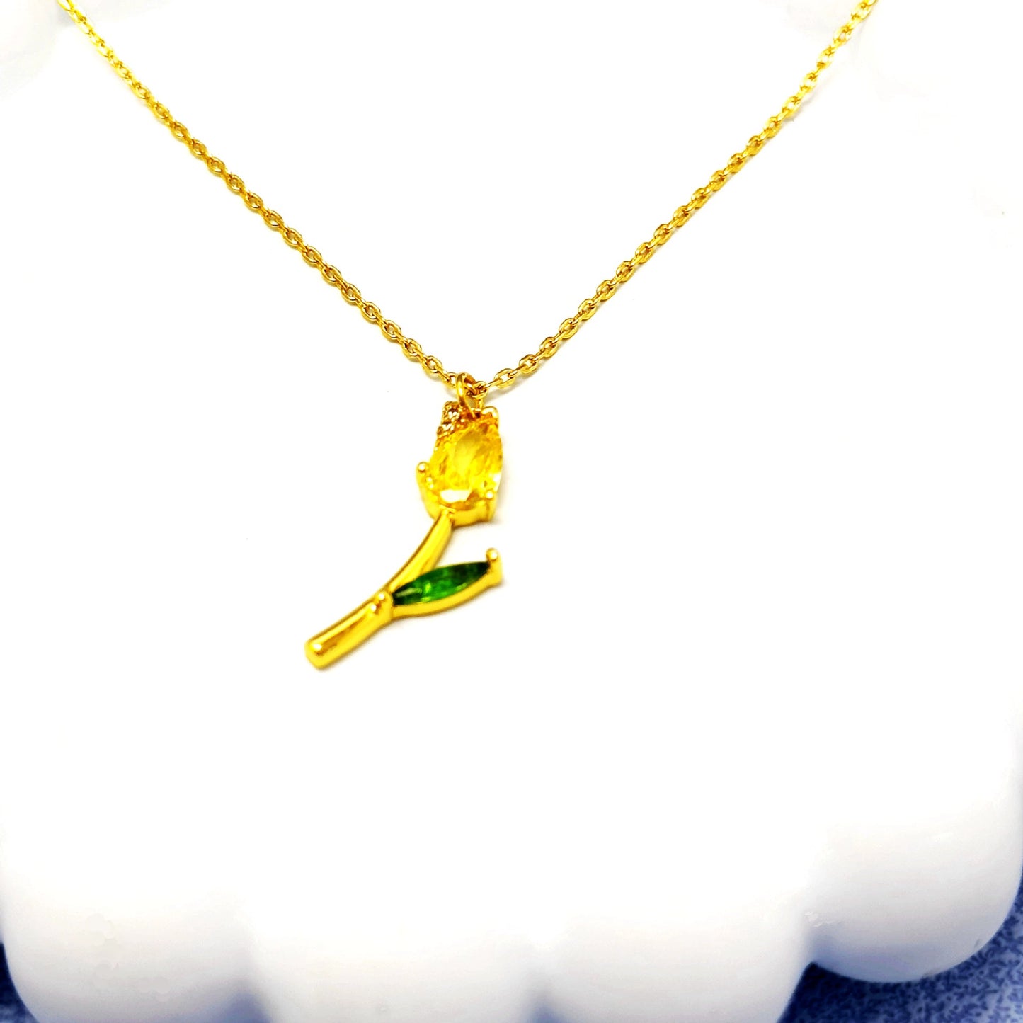 CZ Tulip Flower Pendant Necklace - Gold with Colorful Gemstone