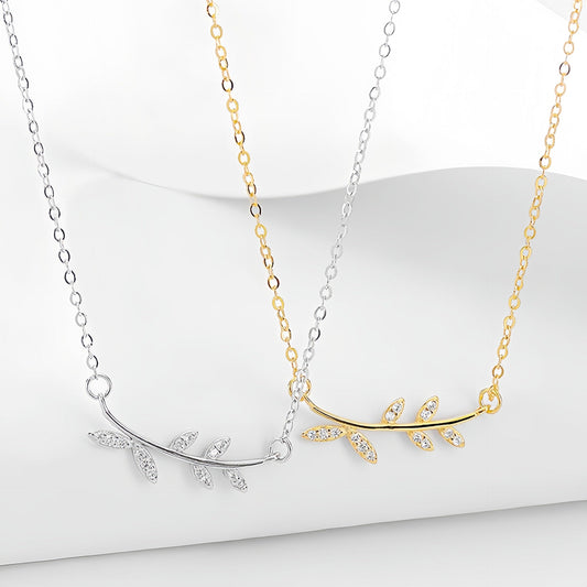 S925 Sterling Silver Leaf Pendant Necklace with Diamonds