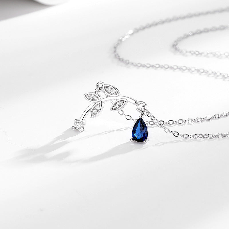 S925 Bud Leaf Diamond Sapphire Pendant Silver Necklace