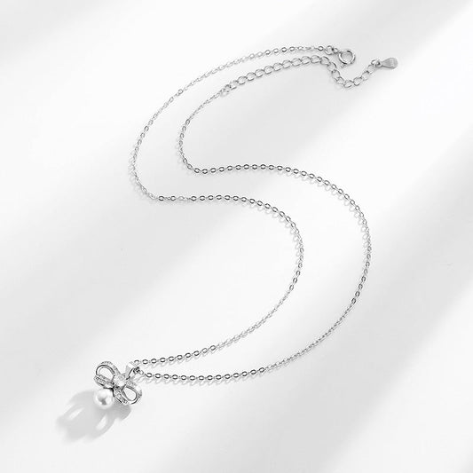 S925 Pearls Diamond Bow Pendant Silver Necklace