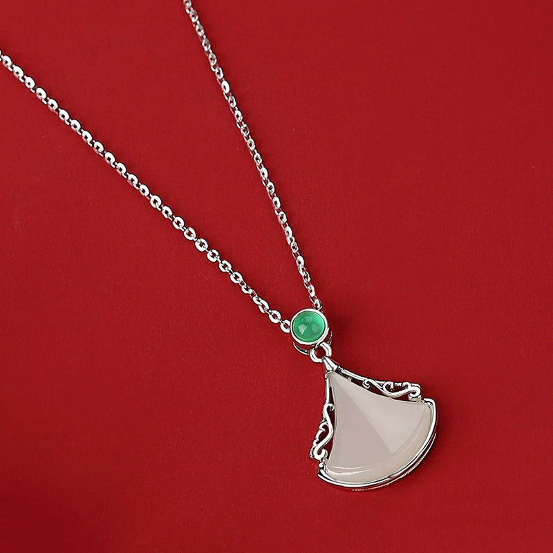 Fan-Shaped White Jade & Green Agate Pendant Necklace | 18K Gold Plated