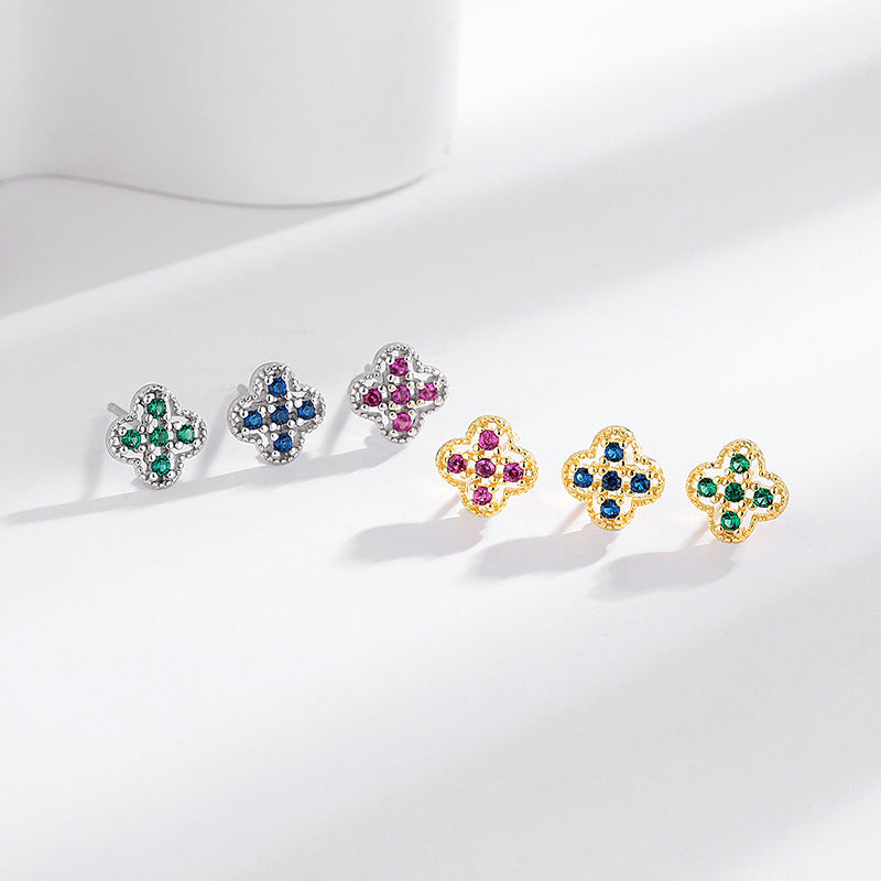 s925 Sterling Silver Four-Leaf Clover Earrings with Colored Diamonds