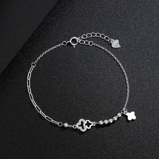 Adjustable 925 sterling silver bead bracelet four-leaf clover pendant