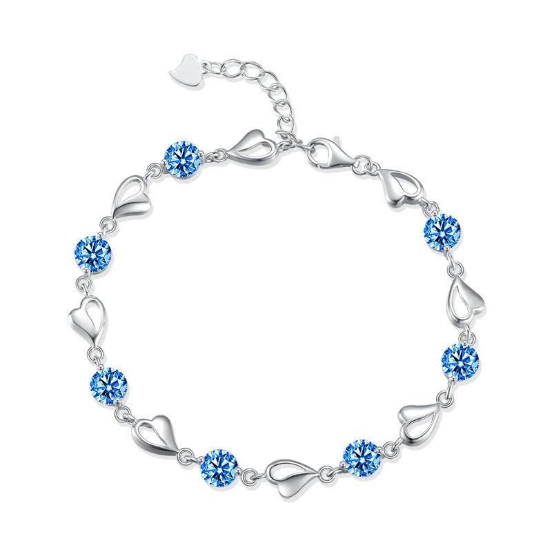 Blue CZ Heart Link Chain Bracelet