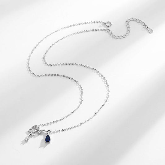 S925 Bud Leaf Diamond Sapphire Pendant Silver Necklace