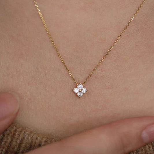 925 Sterling Silver Clover Necklace with Diamond Four-Leaf Clover