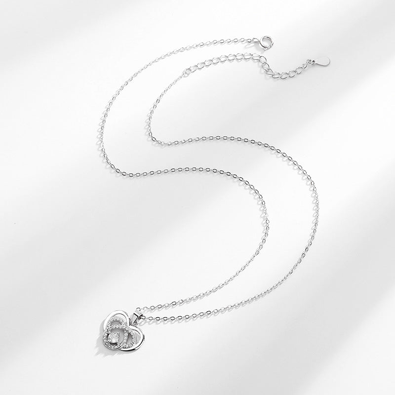 S925 Sterling Silver Necklace with Diamond Double Heart Pendant