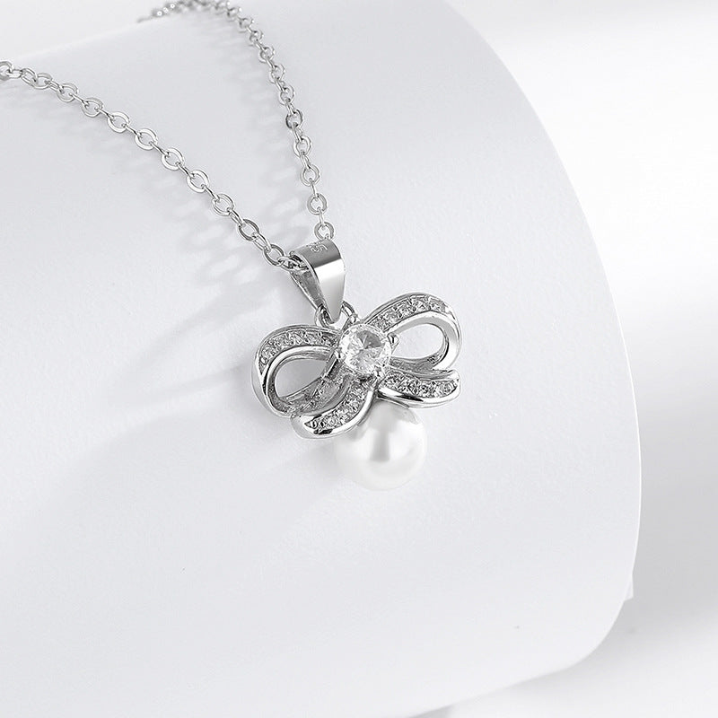S925 Pearls Diamond Bow Pendant Silver Necklace