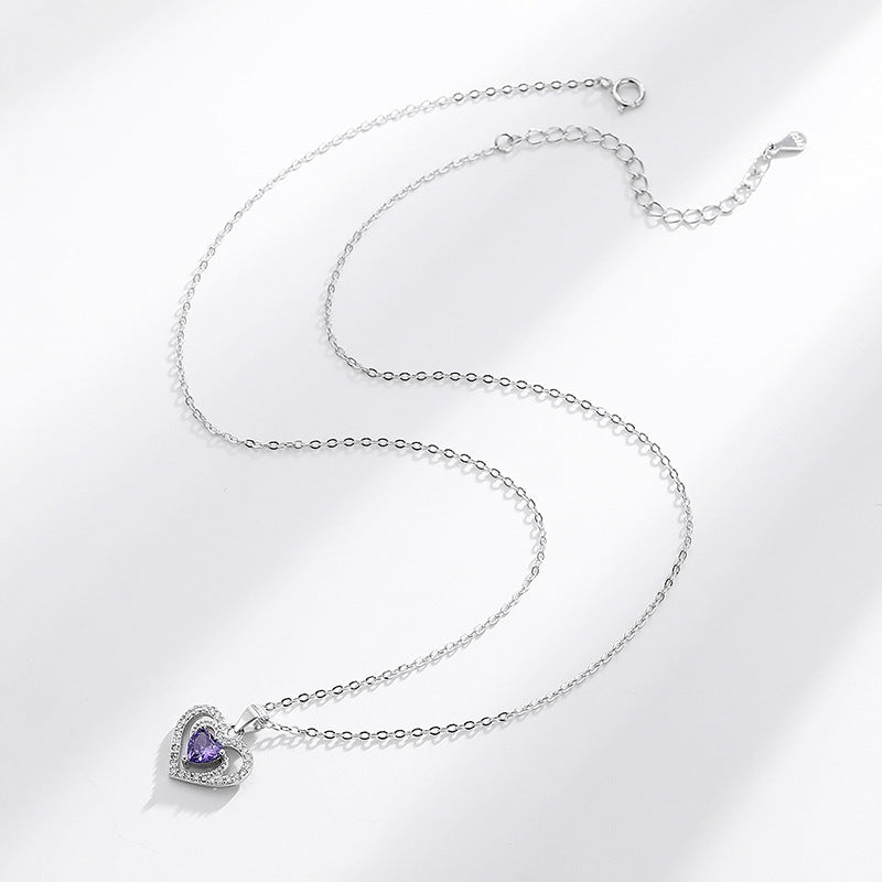 S925 Purple Heart Pendant Silver Necklace with Diamond