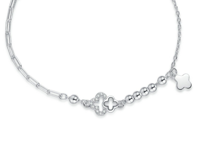 Adjustable 925 sterling silver bead bracelet  four-leaf clover pendant