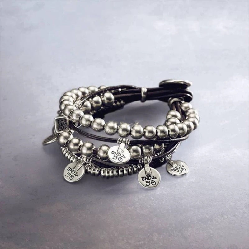 UNOde50 Leather Beaded Charms Pendant Bracelet
