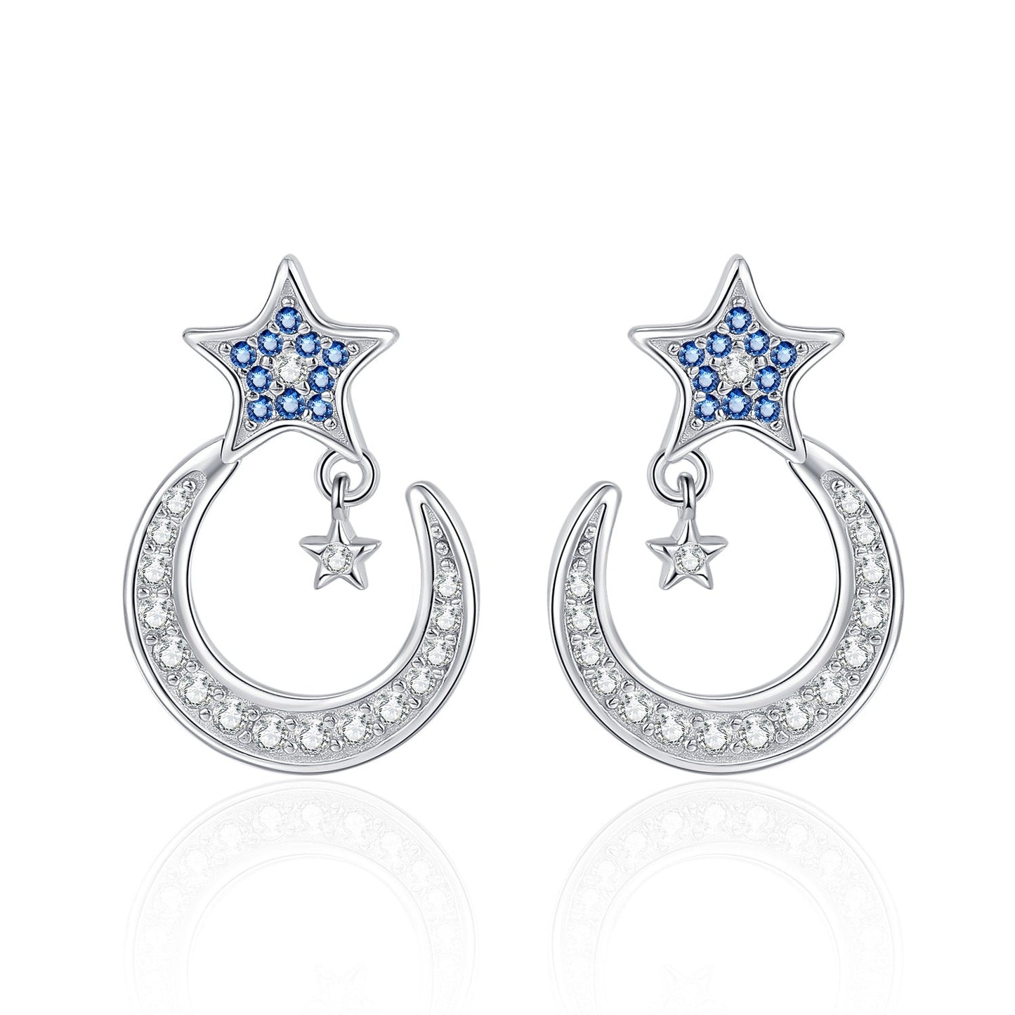 s925 silver star moon diamond earrings
