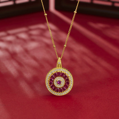 Ruby Red Sunburst Medallion Pendant Necklace | 18K Gold Plated