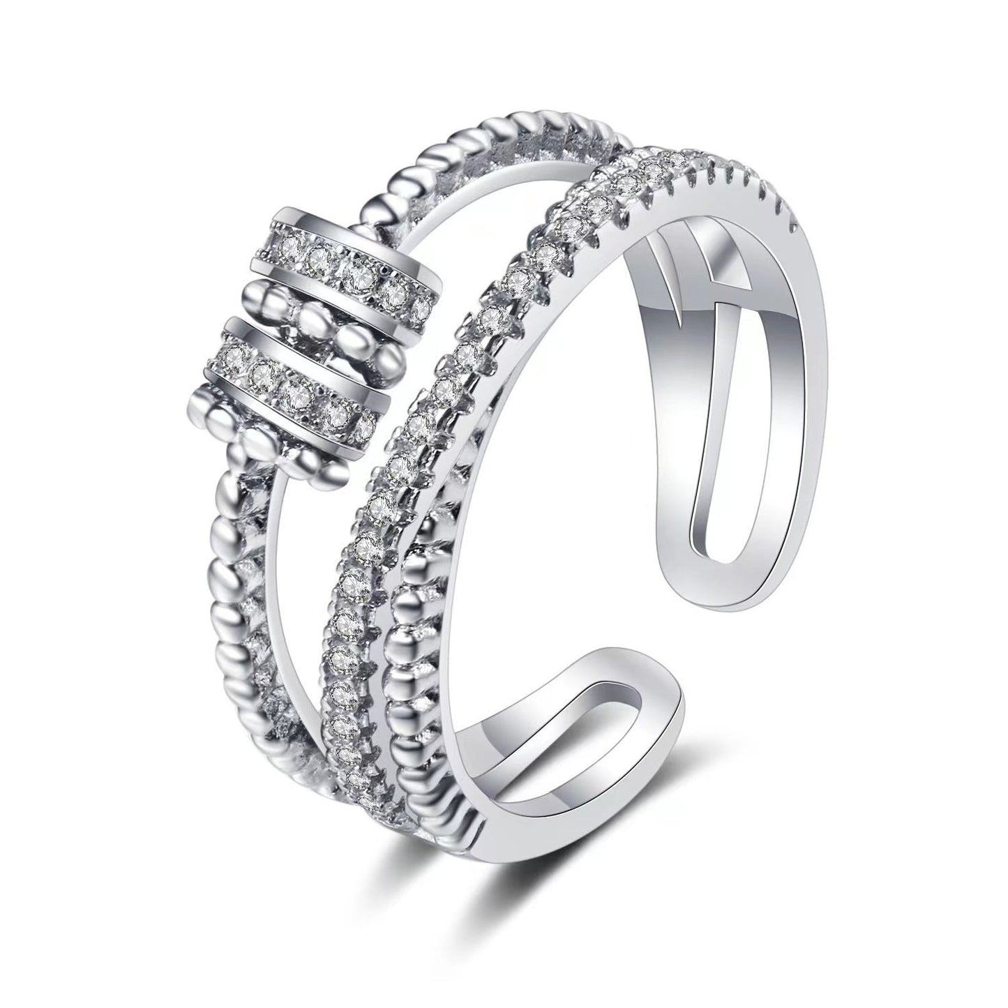 S925 Sterling Silver Crossover Ring - Multi-Layer Diamond-Set