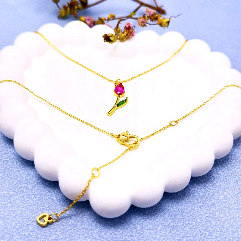 CZ Tulip Flower Pendant Necklace - Gold with Colorful Gemstone