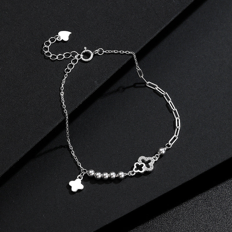 Adjustable 925 sterling silver bead bracelet  four-leaf clover pendant