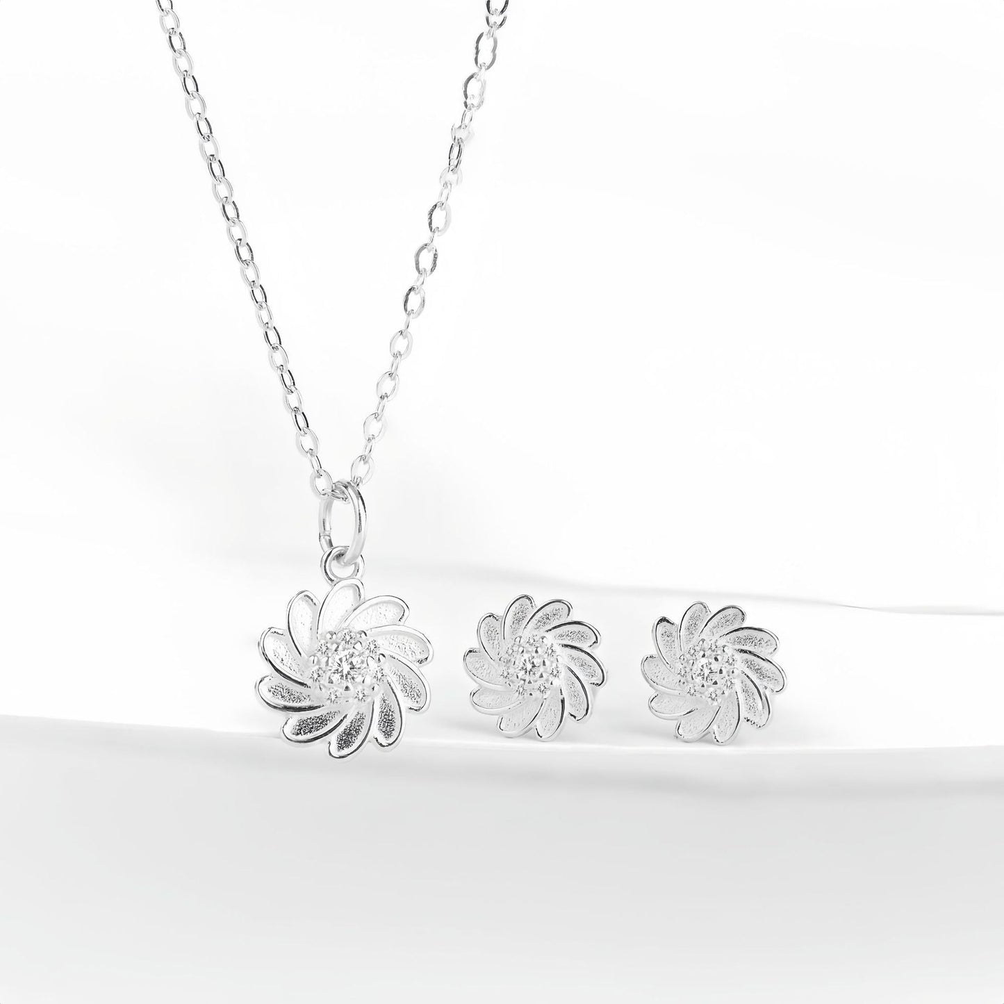 Sterling Silver Sunflower Necklace Set - with Matching Earrings