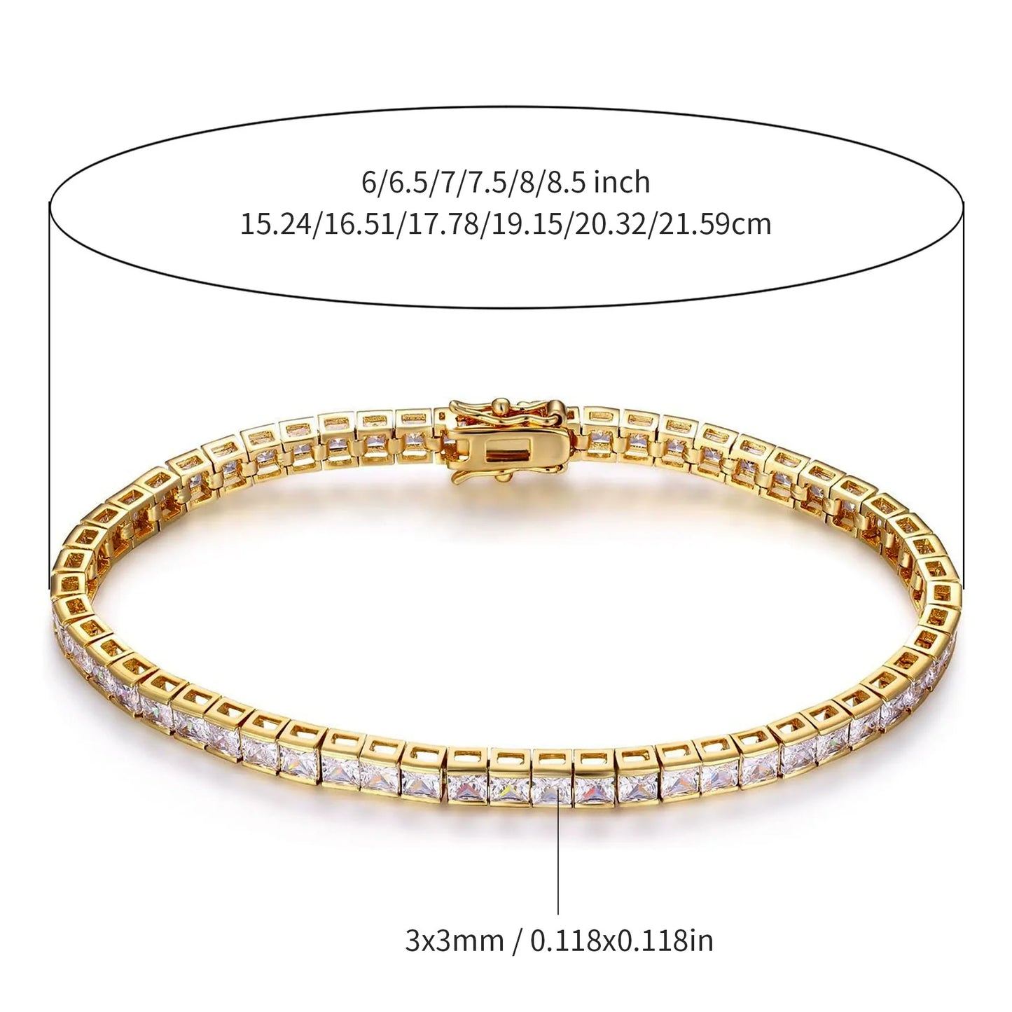 3x3 Square Zircon Tennis Bracelet with Figure-Eight Clasp, Unisex