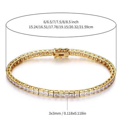 3x3 Square Zircon Tennis Bracelet with Figure-Eight Clasp, Unisex