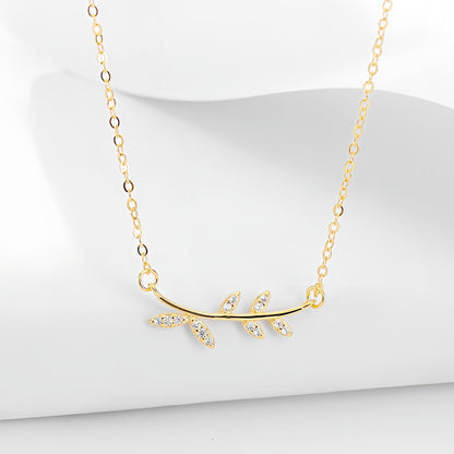 S925 Sterling Silver Leaf Pendant Necklace with Diamonds