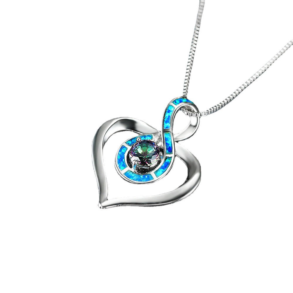 Blue Opal Heart Infinity Pendant Necklace - Silver with Rainbow Mystic Stone