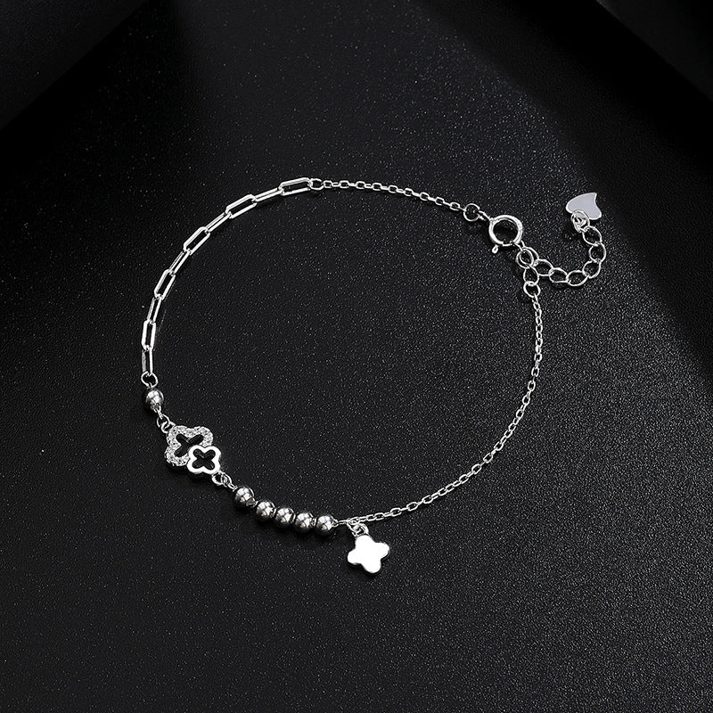 Adjustable 925 sterling silver bead bracelet  four-leaf clover pendant