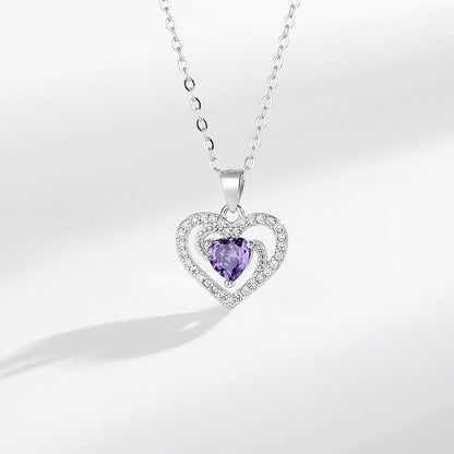 S925 Purple Heart Pendant Silver Necklace with Diamond