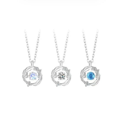 S925 Circular Feather Blue Diamond Pendant Silver Necklace