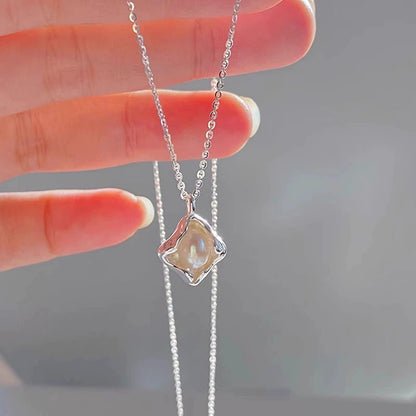 Freshwater Pearl Clover Frame Pendant Necklace - Silver