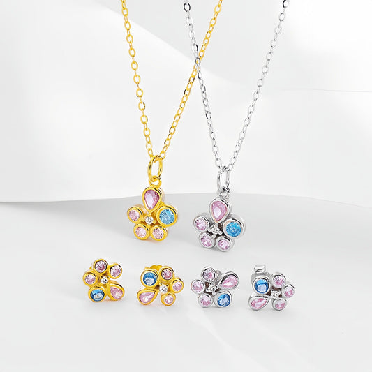 S925 Flower of Happiness Silver Earrings Pendant Necklace Flower Jewelry Set