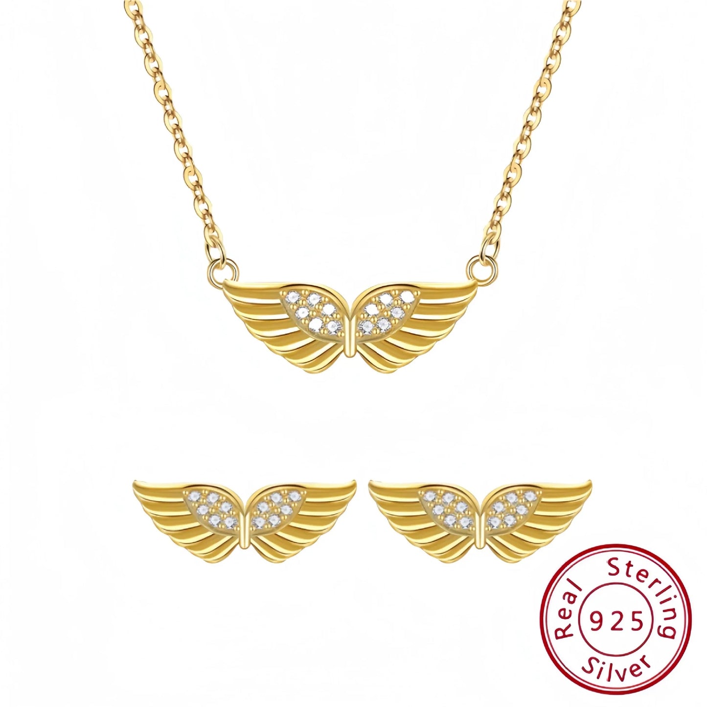 New Design Wings S925 Sterling Silver Necklace Set with Zircon Earrings