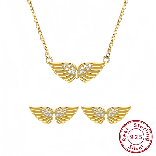 S925 Sterling Silver Angel wings Necklace Earrings Set with Zircon