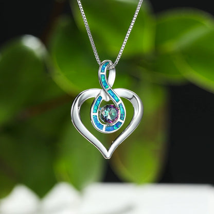 Blue Opal Heart Infinity Pendant Necklace - Silver with Rainbow Mystic Stone