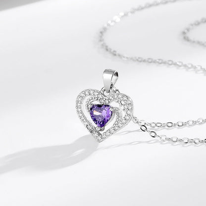 S925 Purple Heart Pendant Silver Necklace with Diamond