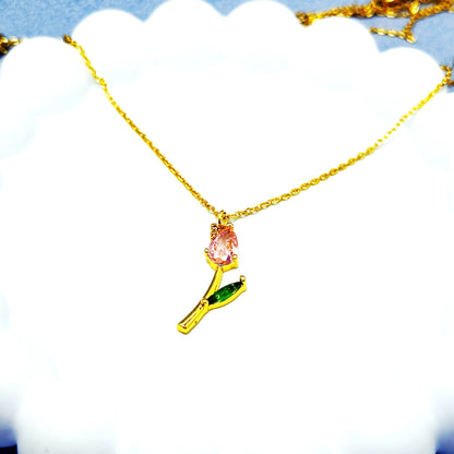 CZ Tulip Flower Pendant Necklace - Gold with Colorful Gemstone