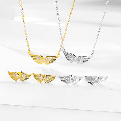 S925 Sterling Silver Angel wings Necklace Earrings Set with Zircon