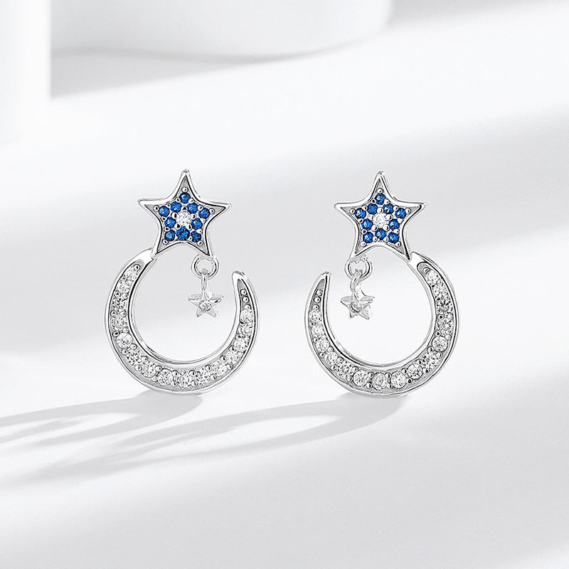 s925 silver star moon diamond earrings