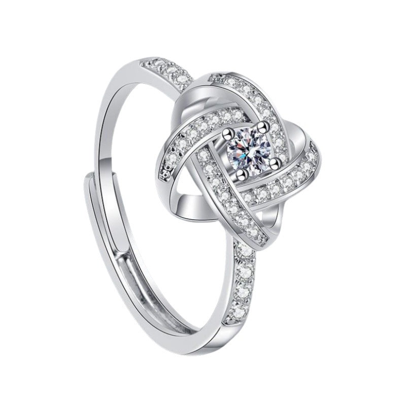 s925 Sterling Silver Four Clover Ring - Adjustable with Diamond