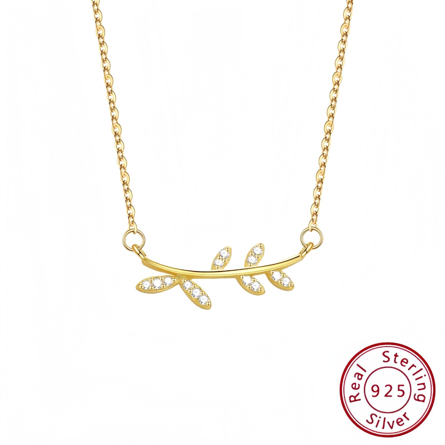 S925 Sterling Silver Leaf Pendant Necklace with Diamonds