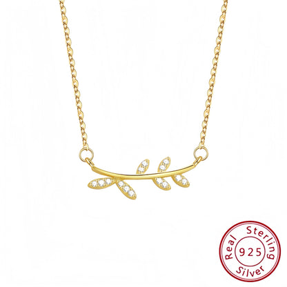 S925 Sterling Silver Leaf Pendant Necklace with Diamonds