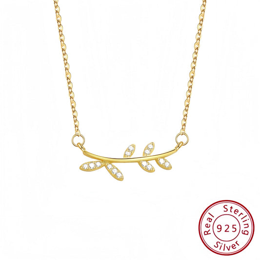 S925 Sterling Silver Leaf Pendant Necklace with Diamonds