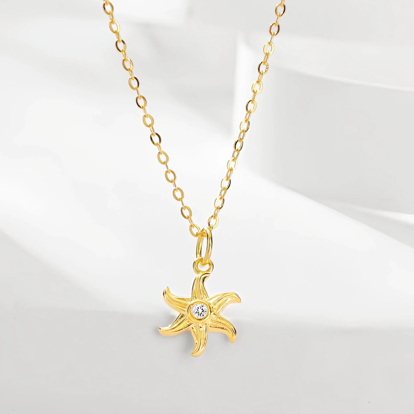 S925 Sterling Silver Starfish Jewelry Set - Earrings and Clavicle Necklace