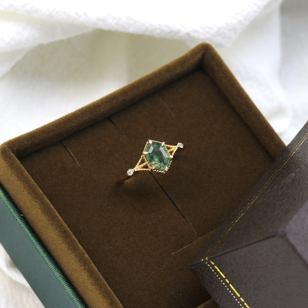 Hexagon Moss Agate Gold Geometric Ring